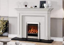 Gazco Logic HE CF Coal effect with Tempo Complete front in Polished Stainless and Sandringham Limestone Mantel