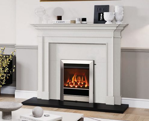 Gazco Logic HE CF Coal effect with Tempo Complete front in Polished Stainless and Sandringham Limestone Mantel