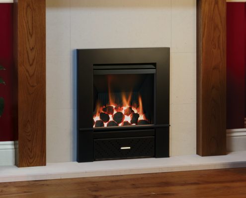 Focus Fireplaces - Gazco Logic™ HE fire, coal fuel bed and Dimension2 complete front.