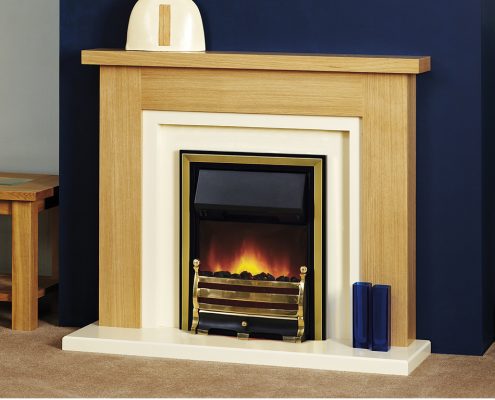 Focus electric suites - Vienna in Light Oak with Focusflame Brass Daisy fire