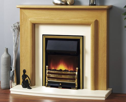 Focus electric suites - Marlow Electric in Light Oak with Focusflame Brass Daisy fire