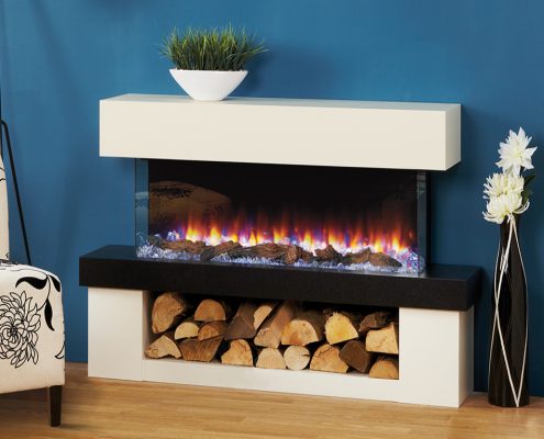 Focus Montana electric fireplace in Bianca and Midnight Finish featuring eReflex fire