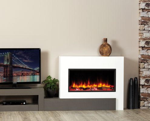 Focus Ripon electric fireplace in White and Grey Pearl Finish featuring eReflex fire
