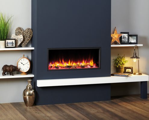 Shelf made to special dimensions in White Finish. Featuring eReflex 105 Fire in made-to-measure chimney breast