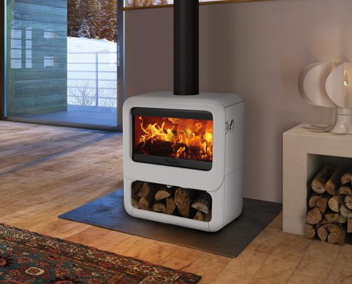 Dovre Rock 500 Stove with wood box base in Pure White enamel