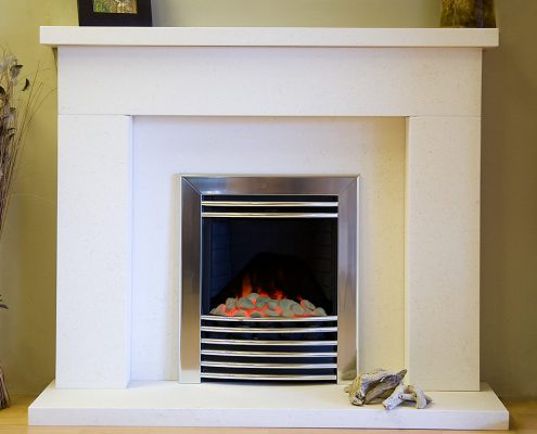 Findley House Shelby - Ivory White Limestone fireplace