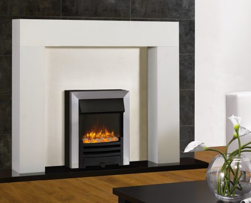 Gazco Logic2 Electric Arts with Matt Black Fret and Brushed Steel effect Frame and spacer frame. Shown with Stovax Malmo Mantel