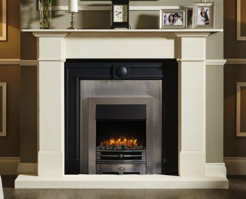 Logic Electric Chartwell with brushed steel effect frame and highlight polished front with grey pebble fuel effect