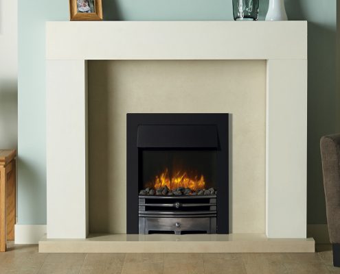 Logic2 Electric Chartwell with Highlight Polished front, Matt Black frame and Grey Pebble fuel bed. Shown with Stovax Malmo wooden mantel in white