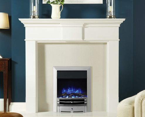 Logic2 Electric Chartwell with Polished effect front, Polished Steel effect frame, and Log-effect fuel bed on blue flame setting