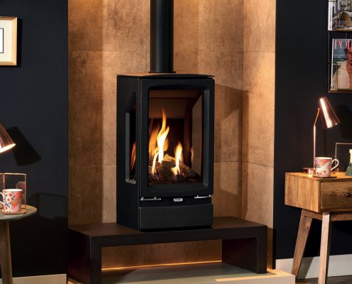 Gazco Vogue Gas Midi T 3 sided Gas Stove on bench