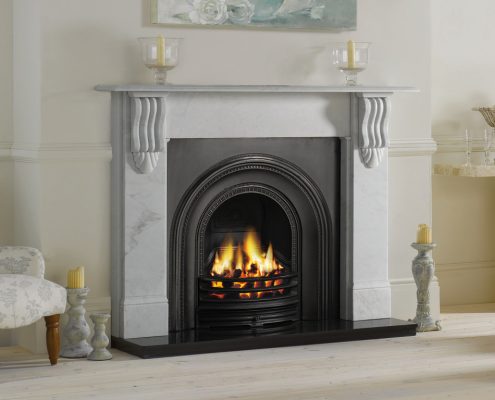 Stovax Victorian Corbel Stone Mantel in Antique White Marble with Stovax Decorative Arched Insert