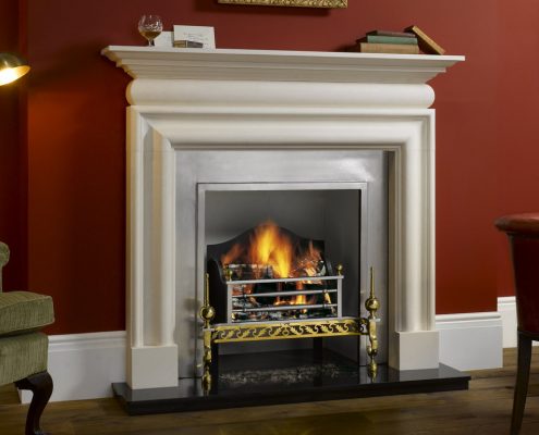 Stovax Cavendish Bolection Stone Mantel in Natural Limestone with Chelsea Polished cast front and Montrose fire basket