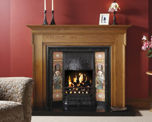 Stovax Carlton wood mantel with Art Nouveau tiled Front