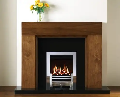 Stovax Helsinki wood mantel in Walnut finish with Gazco Logic HE inset gas fire