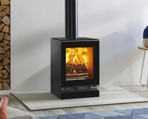 Stovax Vision small woodburning Stove with optional glass top plate, plinth