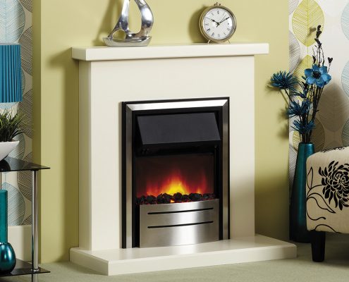Focus Alexis electric suite featuring Focusflame Stainless Chic fire