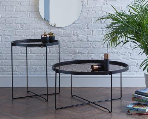Där Anzio large and small Round Satin Black Table With Rose Gold Mirror Top
