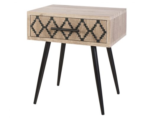 Där Tewkesbury Side Table oak style veneer with patterned drawer with black legs