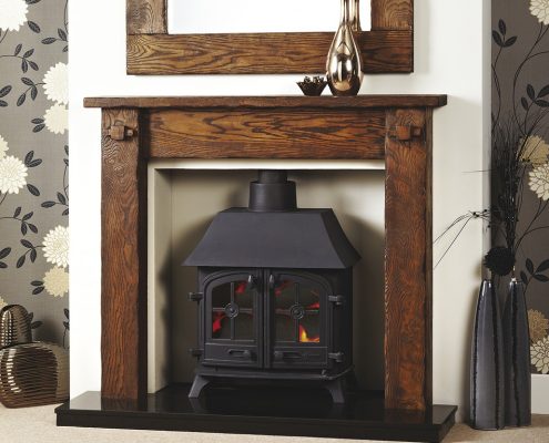 Focus Fireplaces Sutton - with matching Mirror and Hollow Beam Side Table Aged Oak in a Medium/Dark Finish