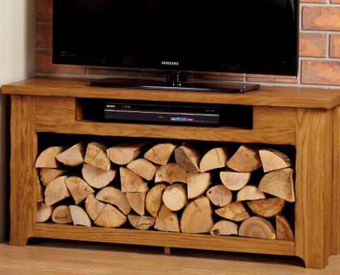 Focus Fireplaces TV Unit with Log Store: Rustic Oak in a Light/Medium Finish