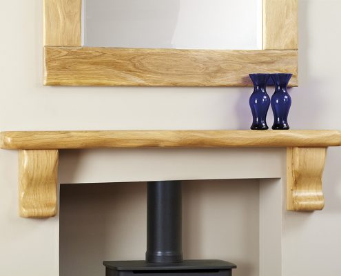 Focus Fireplaces Large Shelf with Corbels: Dressed Oak in a Natural Waxed Finish and Beam Mirror Dressed Oak in a Natural Waxed Finish
