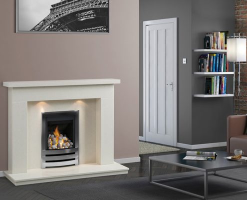 Caterham Palma fireplace 48” in Bianca Beige Micro-Grained Marble