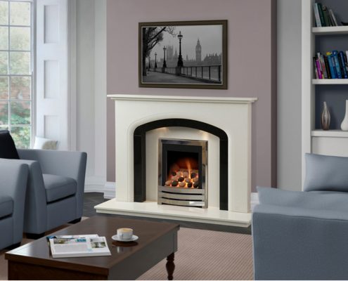 Caterham Chepstow fireplace 54” in Bianca Beige Micro-Grained Marble with Black Granite Slips and Inserts