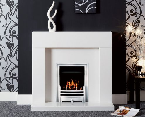Natura Fireplaces Alex in Polare Micro Marble hearth, back panel and mantel