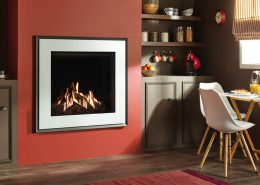Gazco’s Reflex 75T Evoke Glass with white glass front and graphite rear with black glass lining