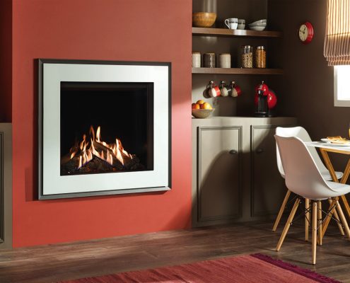 Gazco’s Reflex 75T Evoke Glass with white glass front and graphite rear with black glass lining