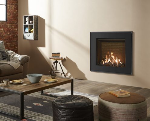 Gazco’s Reflex 75T Evoke Steel with graphite front and rear with brick effect lining