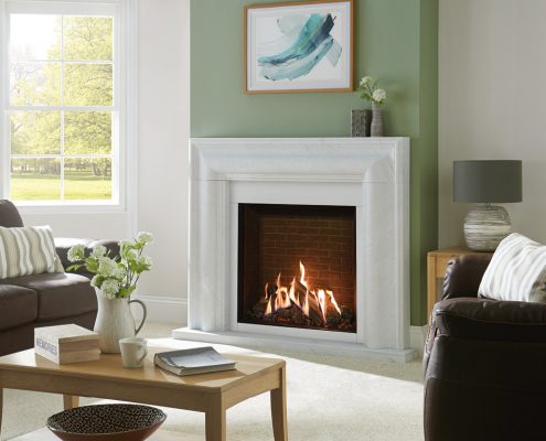 Gazco Reflex 75T Edge with Brick effect lining, Grafton Antique white marble mantel with matching slip set and optional small antique white marble hearth