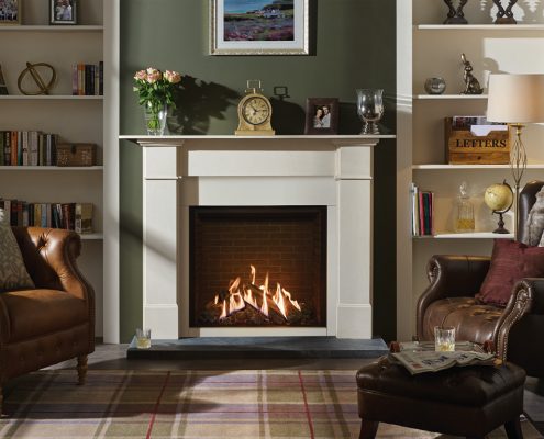 Gazco’s Reflex 75T Edge with brick effect lining and Claremont Mantel