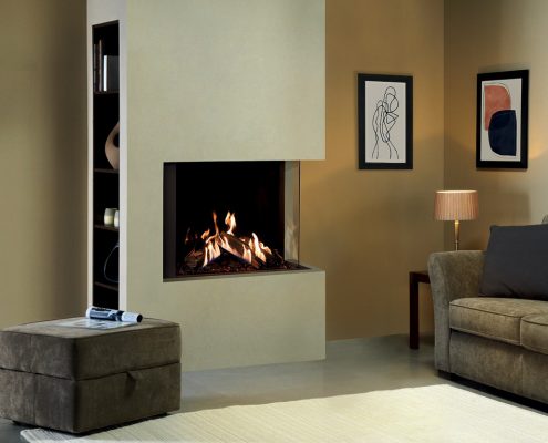 Gazco Reflex 75T-2 right facing gas fire with Echoflame Black Glass lining