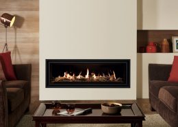 Gazco Studio 3 Balanced Flue Edge+, Glass Fronted with Driftwood-effect fuel bed and Black Glass lining