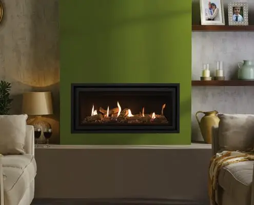 Gazco Studio 2 Balanced Flue Edge+, Glass Fronted with Log-effect fuel bed and Black Reeded lining