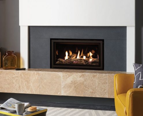 Gazco Studio 1 Edge Conventional Flue, with Driftwood-effect fuel bed and Black Glass lining