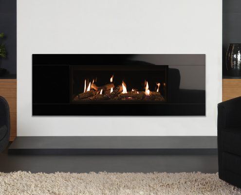Gazco Studio 2 Glass gas fire, Conventional Flue Glass Fronted with Log-effect fuel bed and Black Reeded lining