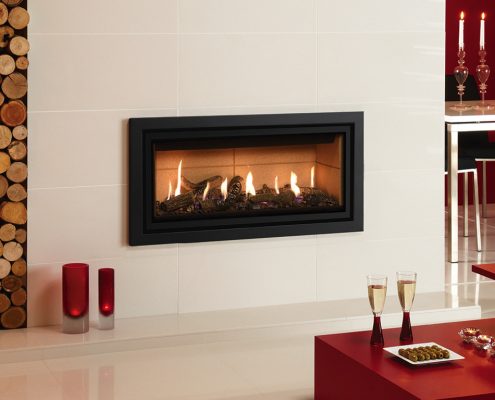 Gazco Studio 2 Profil gas fire, Balanced Flue, Glass Fronted in Anthracite finish with Log-effect fuel bed and Vermiculite lining