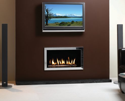 Gazco Studio 1 Profil Conventional Flue in Stainless Steel finish, Open Fronted with Clear Glass Bead fuel bed
