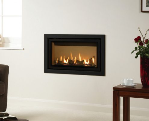 Gazco Studio 1 Slimline Profil gas fire in Anthracite, Glass Fronted with Log-effect fuel bed and Vermiculite Lining