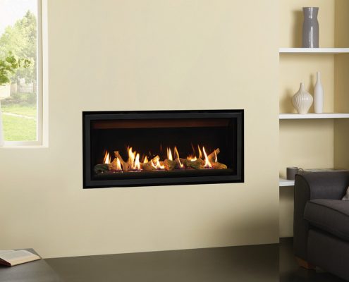 Gazco Studio 2 Slimline Edge gas fire, Glass Fronted with Log-effect fuel bed and Black Glass lining