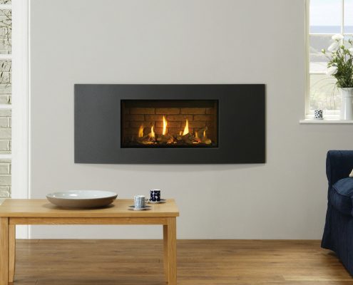 Gazco Studio 1 Slimline Verve gas fire in Graphite, Glass Fronted with Log-effect fuel bed and Brick-effect Lining