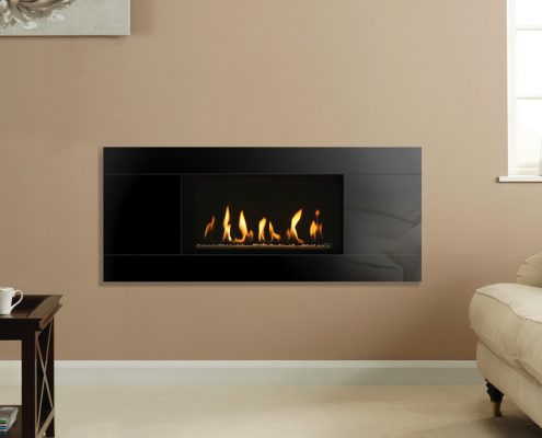 Gazco Studio 1 Slimline Glass gas fire, Glass Fronted with White Stone fuel bed & Black Reeded Lining
