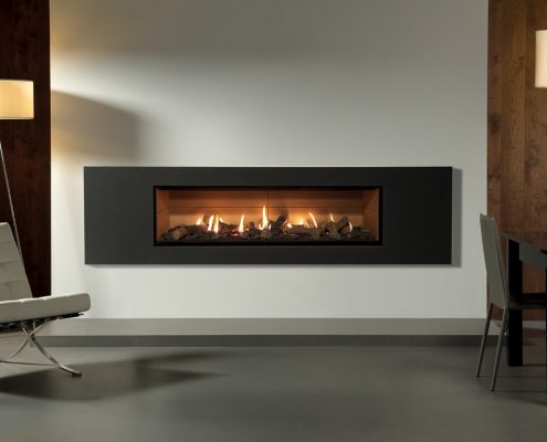 Gazco Studio 3 Steel 2 Balanced Flue Glass Fronted in Graphite with Log-effect fuel bed and Vermiculite lining