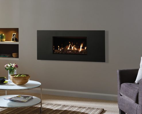 Gazco Studio 1 Steel Balanced Flue Glass Fronted in Graphite with Log-effect fuel bed and Black Glass lining