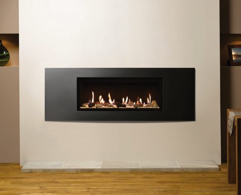 Gazco Studio 2 Verve Conventional Flue in Graphite with Pebble & Stone fuel bed and Black Reeded lining