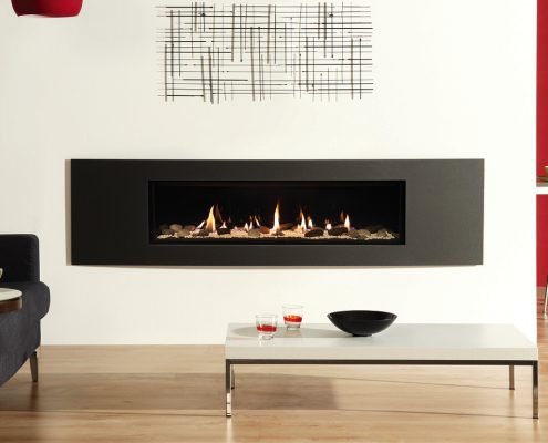 Gazco Studio 3 Verve Balanced Flue in Graphite, Glass Fronted with Pebble & Stone fuel bed and Black Glass lining