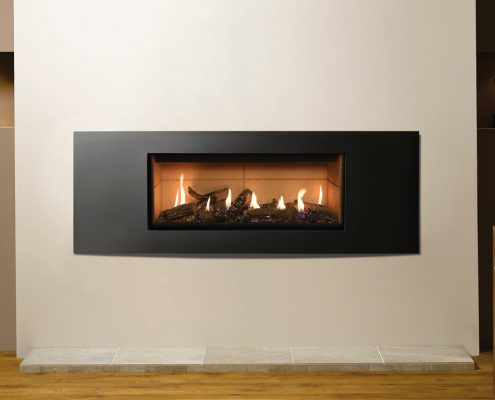 Gazco Studio 2 Verve gas fire, Balanced Flue, Glass Fronted in Graphite with Log-effect fuel bed and Vermiculite lining